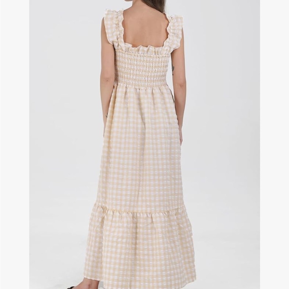Ruffle Plaid Gingham Long Dress Shirred Stretchy Strap Flowy Retro Dress Beige - Picture 3 of 7